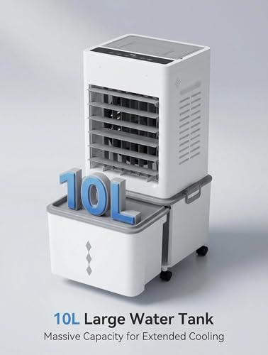 Grelife Evaporative Air Cooler with 10L(2.64 Gal) Large Tank,8 Speeds & 3 Wind Modes, 80° Oscillation,24H Timer,Remote Control,LED Display, Mist & Humidifier Function for Home Office Bedroom white