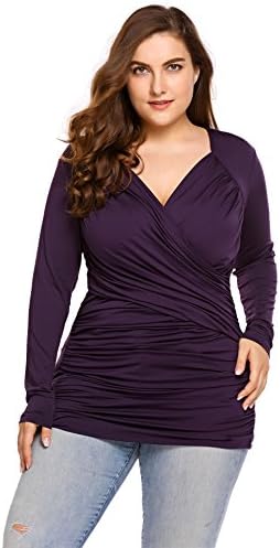 Womens Plus Size Blouse Long Sleeve V-Neck Ruched Blouse Tops Cross Front Shirt Wrap Front Drape Dolman Top 18W-24W