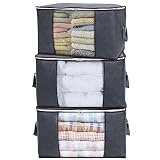 Lifewit Large Capacity Clothes Storage Bag with Reinforced Handle Thick Fabric for Comforters, Blankets, Bedding, Breathable Foldable Closet Organizer with Sturdy Zipper Clear Window, Grey, 3 Pack