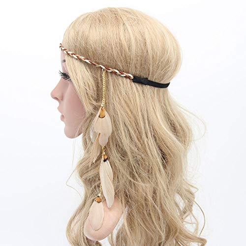 Feather Headband Hippie Indian Boho Hair Bands Tassel Bohemian Halloween Hair Hoop Women Girls Crown Hairband Party Decoration Headdress Cosplay Costume Headwear Headpiece Hair Accessories Khaki
