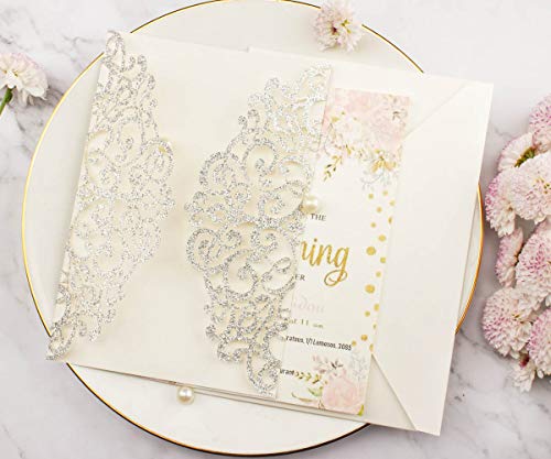 1 Set Silver Glitter 5x7 inch 250gsm Rustic Laser Cut Pocket Wedding Invitations Cards with Envelopes for Wedding Bridal Shower Greeting Invites