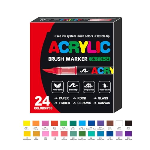 TERRIFI Acrylic Paint Pens, Soft Brush Tip Acrylic Markers, 24 Colors Ideal for Canvas, Rock Painting, Wood, Stone, Glass, Ceramic, Fabric Painting, DIY Crafts