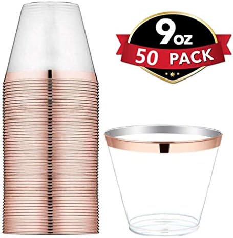 Rose Gold Plastic Cups ~ 9 oz 50 Pack Hard Clear Party Cups Fancy Wedding Cups Disposable Old Fashioned Tumblers, Recyclable Drinking Cups Plastic Glasses (Rose Gold Trim)