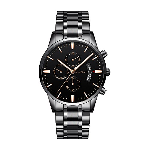 Men Wrist Watches Fashion Quartz Stainless Steel Six Needle Design Waterproof Calendar Men's Watch (Black)