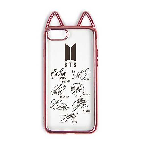 Fanstown kpop electroplate pink frame clear silicon rubber Korean style cute cat ear idol signature iphone 7/8 case (BTS)