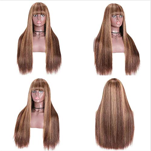 Beauty-Forever-Honey-Blond-Ombre-Highlight-Silk-Straight-Wig-With-Bangs-Glueless-None-Lace-Human-Hair-Wigs-for-Women-Brazilian-Virgin-Hair-Full-Machine-Made-Wig-Breathable-Net-Cap-20-Inch