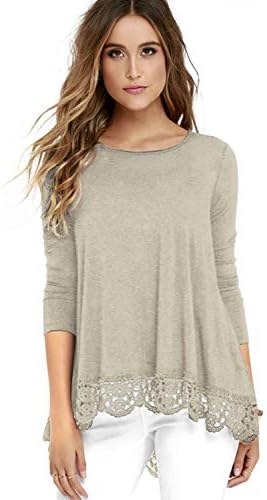 detimi Women Lace Long Sleeve O-Neck A-Line Tunic Loose Blouse