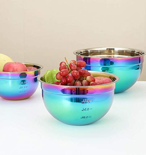 Mixing Bowl Set 18/8 Stainless Steel, Rainbow Salad Bowls 3 Piece Colorful Nesting Bowl Deep for Chef Prep Cooking, Baking, Salad Fruit, Food Preparation, Cake Measure Bowl Includes 1.5 L, 2.5L, 4L - Thumbnail 3