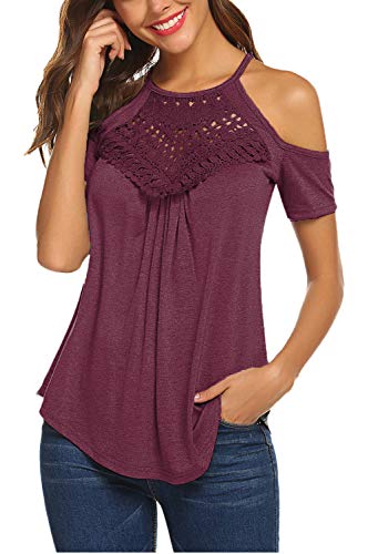 image for BLUETIME Women's Casual Short Sleeve Flowy Lace Cold Shoulder Summer T