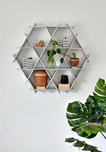 Hexagon Floating Shelves, Bookcase, Hanging Bookshelf, Living Room Storage, Small Bookshelf - Ruche Shelving Unit Medium- Cardboard unicorn silver finish