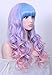 Deifor Long Rainbow Unicorn Wavy Wigs Multi-color Heat Resistant Hair with Blunt Bangs Harajuku Style Cosplay Halloween Wigs(Light Blue/Purple/Pink)