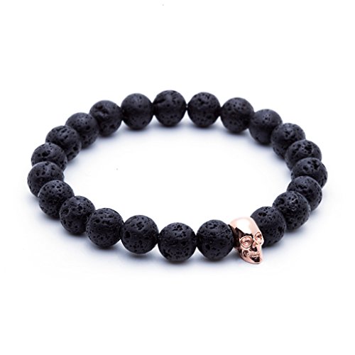 Stainless Steel Skull Head Black 8mm Lava Stone Bead Stretch Bracelet Rose Gold Plated Color