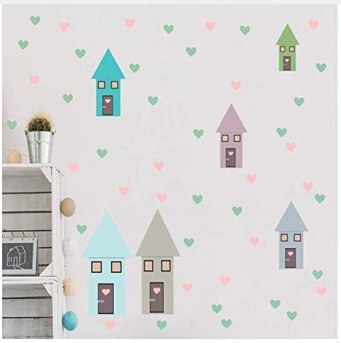 Cartoon 6 Happy Houses Hearts in A Pastel Color Wall Art Sticker for Bedroom Nursery Wall Decal Vinyl Stickers Kids Home Decor