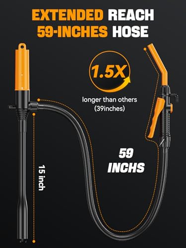 Fuel Transfer Pump, Battery Fuel Syphon Pump, Fuel Pump up to 2.6 GMP, Adjustable Flow & Leak-Proof 59-Inches Hose. Suitable for Transferring Gasoline, Diesel, and Water. | 59" Non-drip hose. For petrol, diesel, water. AA batteries (not included) Only for opening diameter >1.24"