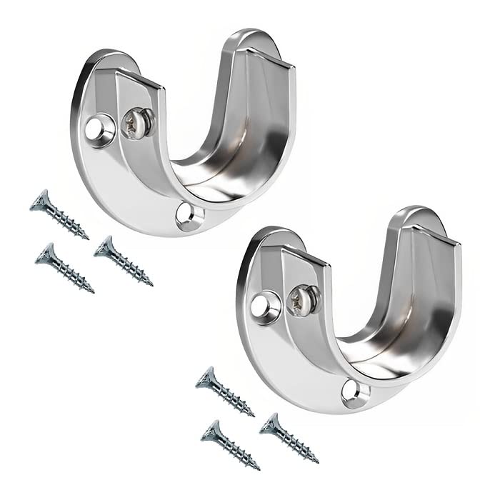 TERF® Heavy Duty Polished Chrome Curtain Wardrobe Rod Pole Rail U-Shape Socket with Holding Screw for Up to 25mm Diameter Curtain Rail Wall Mount Rod Pole Holder U-Shape Socket with Fixing - Pack of 2