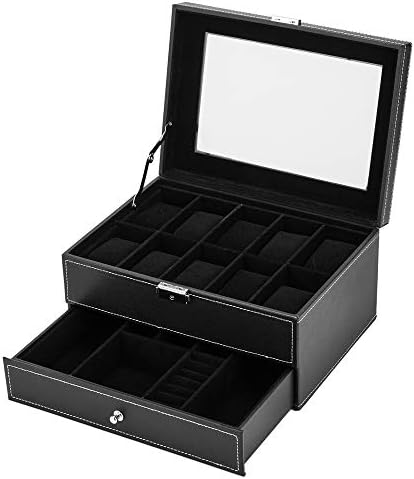SONGLAN 10 Slot Watch case Men's Watch Storage Box Lockable Jewelry Display case with Real Glass top Faux Leather (Black)
