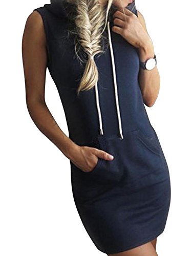Women's Navy Sleeveless Drawstring Hooded Sweat Dress