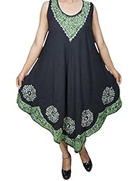 Lilou Womens Sundress Sleeveless Black Batik Printed Embroidered Loose Swing Style Tank Dress Cover up