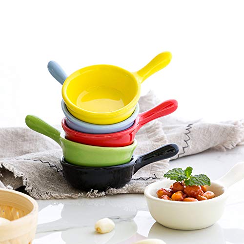 MonLiya 6 Pcs Ceramic Sauce Dishes Colorful Mini Bowl Set Ketchup Side Dish Tableware Condiment Relish Plate Seasoning Soy Sauce Dishes Stackable Ramekins with Grip Handle Dessert Bowls Set