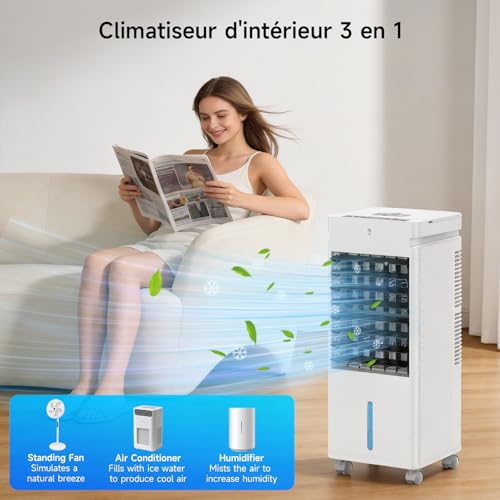 Climatiseur Mobile, Rafraichisseur d'air avec Réservoir de 12L, 8 Cristaux de Glace, 3 Modes, 12 Vitesses, Oscillation, Minuterie, Télécommand,Ventilateur Rafraîchissant pour Maison, Bureau