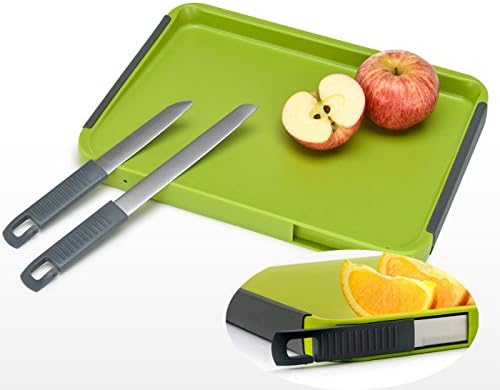 ♻Aoviho Cutting Board - Portable Fruit Chopping Board Dual Sides with Hidden Compartment, Included 2 Knives, Antibacterial Best Multipurpose Kitchen Appliance, Wedding, Housewarming (Green)