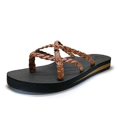 Amazon.com | KuaiLu Yoga Mat Women's Braid Leather Flip Flops Arch Support Cross Strappy Thong 