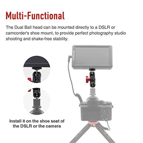 CAMO Double Ball Head, with Shoe Mount and 1/4-inch Screw, for DSLR Camera/On-Camera Monitor/Video Lights, Multi-Functional Portable Durable Aluminum Alloy