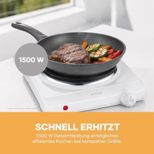 Kochplatte für Küche, Büro oder Camping, kleine Herdplatte mit stufenloser Temperatureinstellung, Campingkocher für einen Topf, weiß, single, 1.500 W, KP 1091