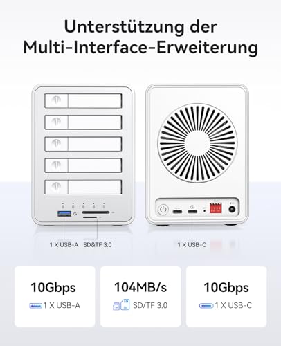 ORICO All-Flash 5 Bay Raid Hard Drive Enclosure, Compatible with 2.5 Inch SATA SSD and 2.5 Inch Hard Drives with a Thickness of 7 mm or 1 cm - 8858
