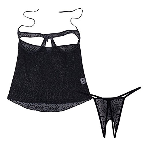 ZILucky Womenâ€™s Sexy Mesh 2Pcs Lingerie Set Cupless Babydoll Nightie G-string Underwear (M, Black)