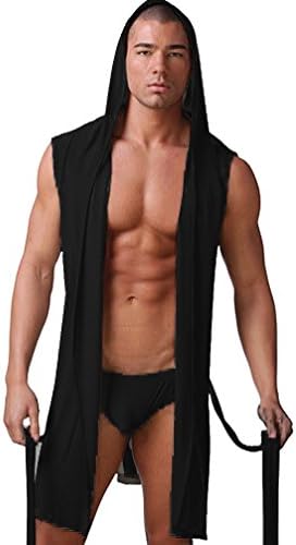Mens Sexy Sleeveless Robes Bathrobe Hooded Kimono Silk Sleepwear Pajamas