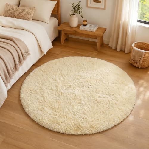 Alfombra Pelo Largo, Shaggy Moderna Alfombras Salón, Suave, Antideslizante, No Pierde Pelo Alfombra para Dormitorio, Habitacion, Crema, Redondo 100CM