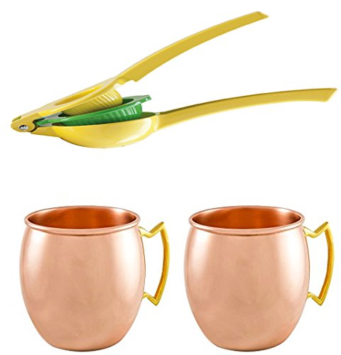 2 Solid Copper 16 oz Moscow Mule Mugs and Lemon Lime Squeezer Set