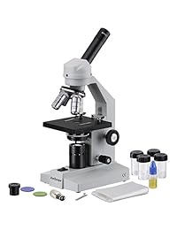AmScope M500C microscopio monocular compuesto, oculares WF10x y WF25x, aumento de 40x 2500x, ópticas antimoho, iluminación de tungsteno, campo brillante y luz polarizada, condensador Abbe, enfoque fino y grueso, plataforma plana, 110 volt