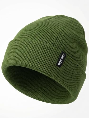AlturaGo Beanie for Men Women Unisex Winter Hat Cuffed Thick Knitted Beanies Skull Cap Olive Green at Amazon