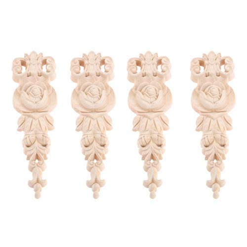 MUXSAM 4Pcs Wood Carved Applique Mouldings Onlay for Decoration Furniture Decals Corner Leaf Pattern Decorative Frame Decor for Desk Doors Cabinet 19x5.5cm