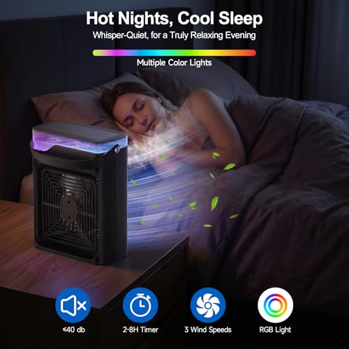 Portable air Conditioners, Personal Cooling Fan with 120° Oscillation, 3 Wind Speed & 4 Sprays, 2/4/6/8H Timer, Multi-Color Light, 3 in 1 Desktop Mini AC Unit for Car, Bedroom and Camping(Black)