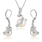 EleQueen Women's Crystal Cream Simulated Pearl Bridal Pendant Necklace Leverback Earrings Set Ivory Color Silver-tone