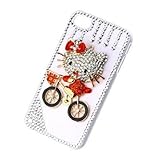 Luxury Rain Shape Crystal Diamond Red Ride Bicycle Hello Kitty White Case Cover for iPhone 4 4S