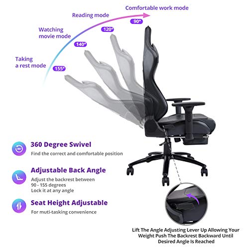 Blue Whale Massage Gaming Chair - Big and Tall 350lbs High Back Racing Computer Desk Office Chair Swivel Ergonomic Executive Leather Chair with Footrest and Adjustable Armrests (8280Black)