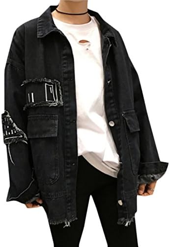 tescous Women's Casual Long Sleeve Button Down Oversized Denim Jackets Black M