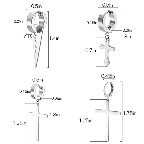 4 Pairs Stainless Steel Small Hoop huggie Earrings Cross Triangle Awl Taper Rivets (4 Pairs Silver-tone) - Thumbnail 2