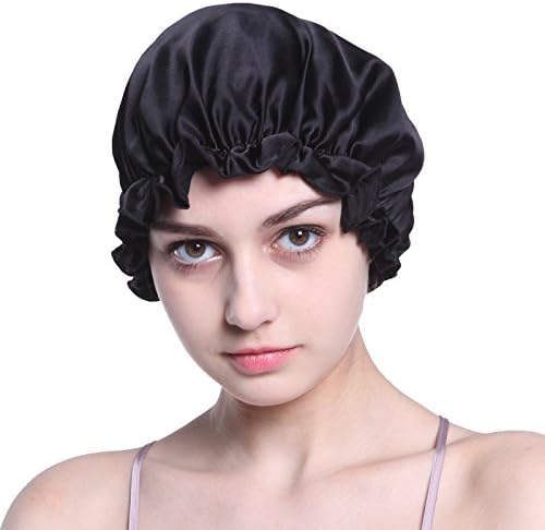 Mulberry Silk Sleep Night Cap Elastic Brand For Curly Springy Hair (Black)