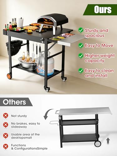 Outdoor Pizza Oven Table, Expansive Countertop Pizza Oven Stand for Party, Movable Kitchen Cooking Prep BBQ Cart with Wheels, Solid and Sturdy Grill Table, Fits Ooni Blackstone Ninja Cuisinart Gozney