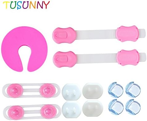 Baby Safety Essentials Kit 13 Count New & Improved, Child Toddler Proofing Kits sets of Childproof Outlet Covers, Safety Baby Cabinet Locks, baby proof corner guards, Finger Pinch Guar (pink)