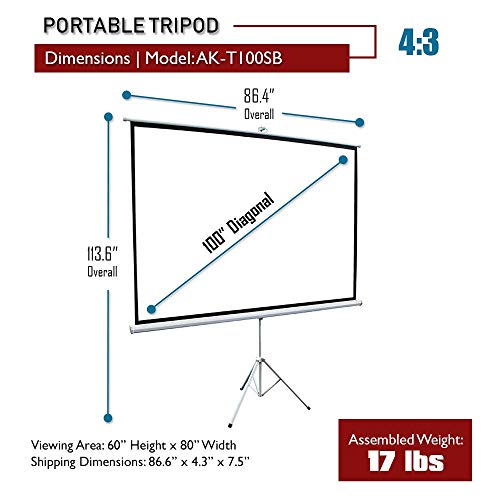 Akia Screens 100" Portable Indoor Outdoor 4:3 Tripod Projector Screen 8K / 4K Ultra HD 3D Ready Pull Up Collapsible Projection Screen with Adjustable Tripod Stand Foldable Projector Screen AK-T100SB1 - Thumbnail 4