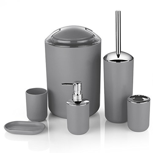 6 Pcs Plastic Bathroom Accessory Set Luxury Bath Accessories Bath Set Lotion Bottles, Toothbrush Holder, Tooth Mug, Soap Dish, Toilet Brush, Trash Can, Rubbish Bin (Grey)