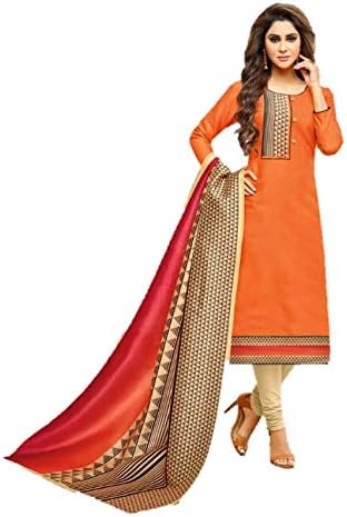 RIWAAYAT TRENDS Bombay cotton unstitched salwar suit with printed patch and printed lace on the top and special Assam silk digital print- Free size, Orange, red and beige