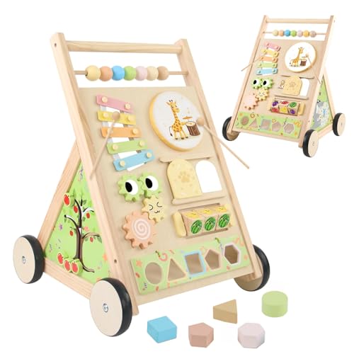 Multifunctional Wooden Baby Walker with Wheels, Montessori Early Educational Activity Center, Sit to Stand Learning Walker Toy with Shape Sorter Xylophone for Toddlers
