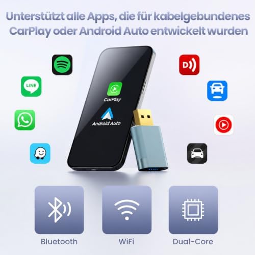 Adaptador CarPlay Inalámbrico para Apple CarPlay, USB-A/USB-C Metálico, Conexión Rápida y Estable, Convierte CarPlay con Cable en Inalámbrico, Compatible con iPhone iOS 10+